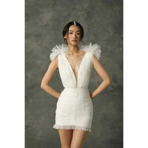 White Plunge V-Neck Mini Dress with Tulle Shoulder Ruffles